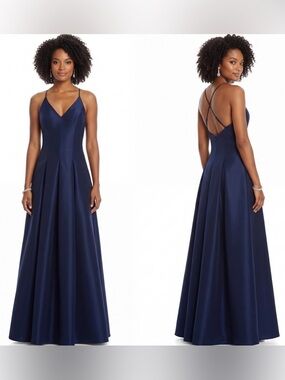 AFTER SIX 6767 Navy  Midnight V-Neck Crisscross Back Maxi Gown women’s Size 4